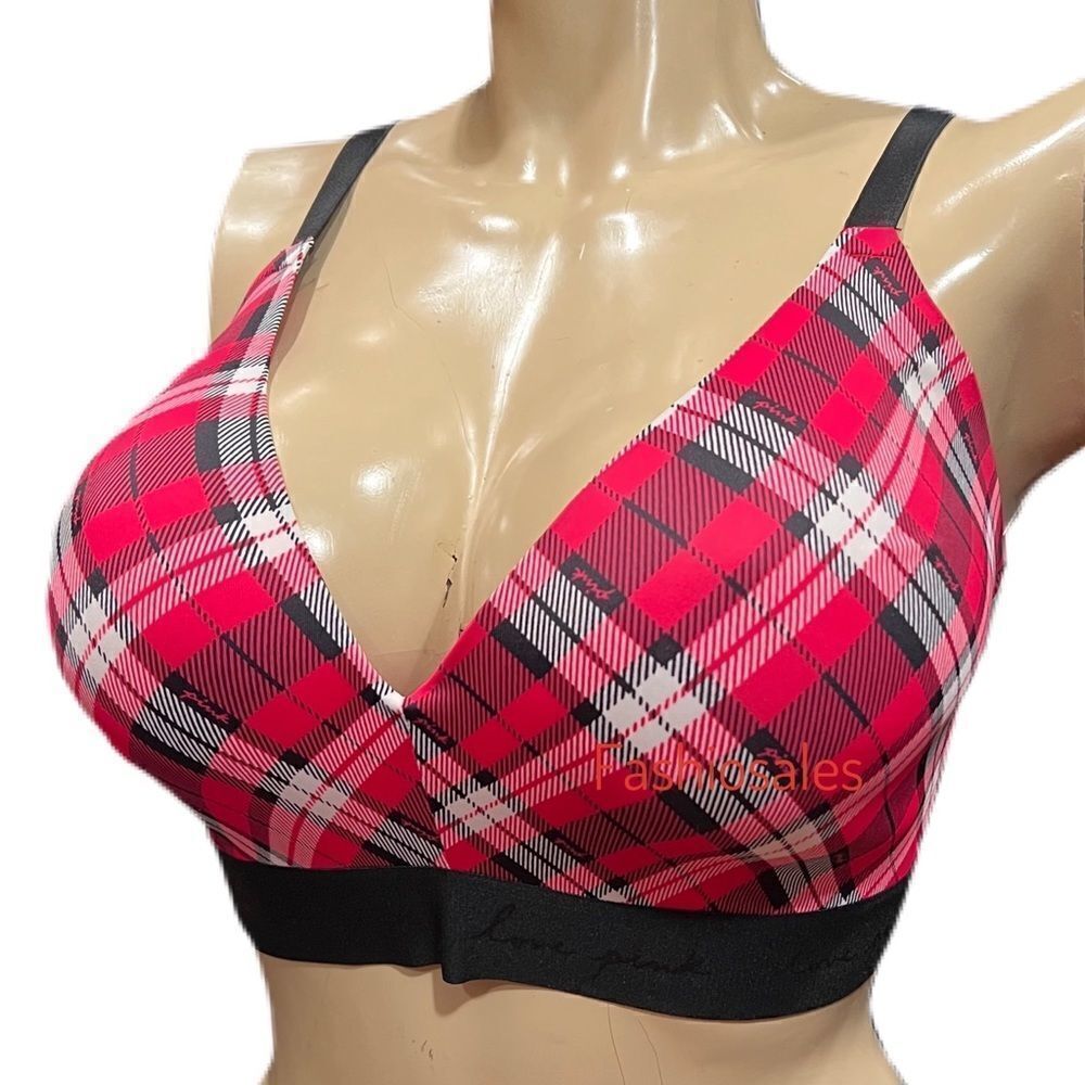 Victoria’s Secret Pink lightly lined wireless bra Red Pepper plaid